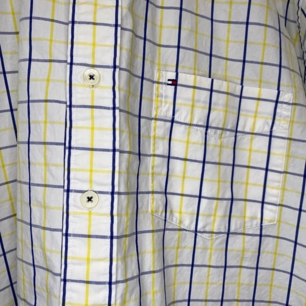 TOMMY HILFIGER 80’s Two Ply Cotton Yellow &‎ Blue Plaid Button Down Shirt Sz L
